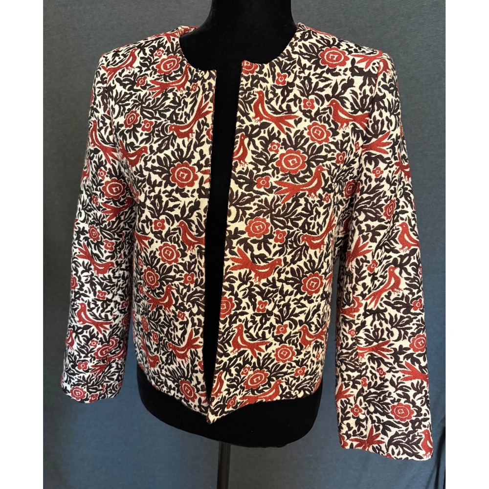 Ann Taylor Factory Open‎ Front Jacket Medium Red Jacquard, Bird, Floral, Blazer